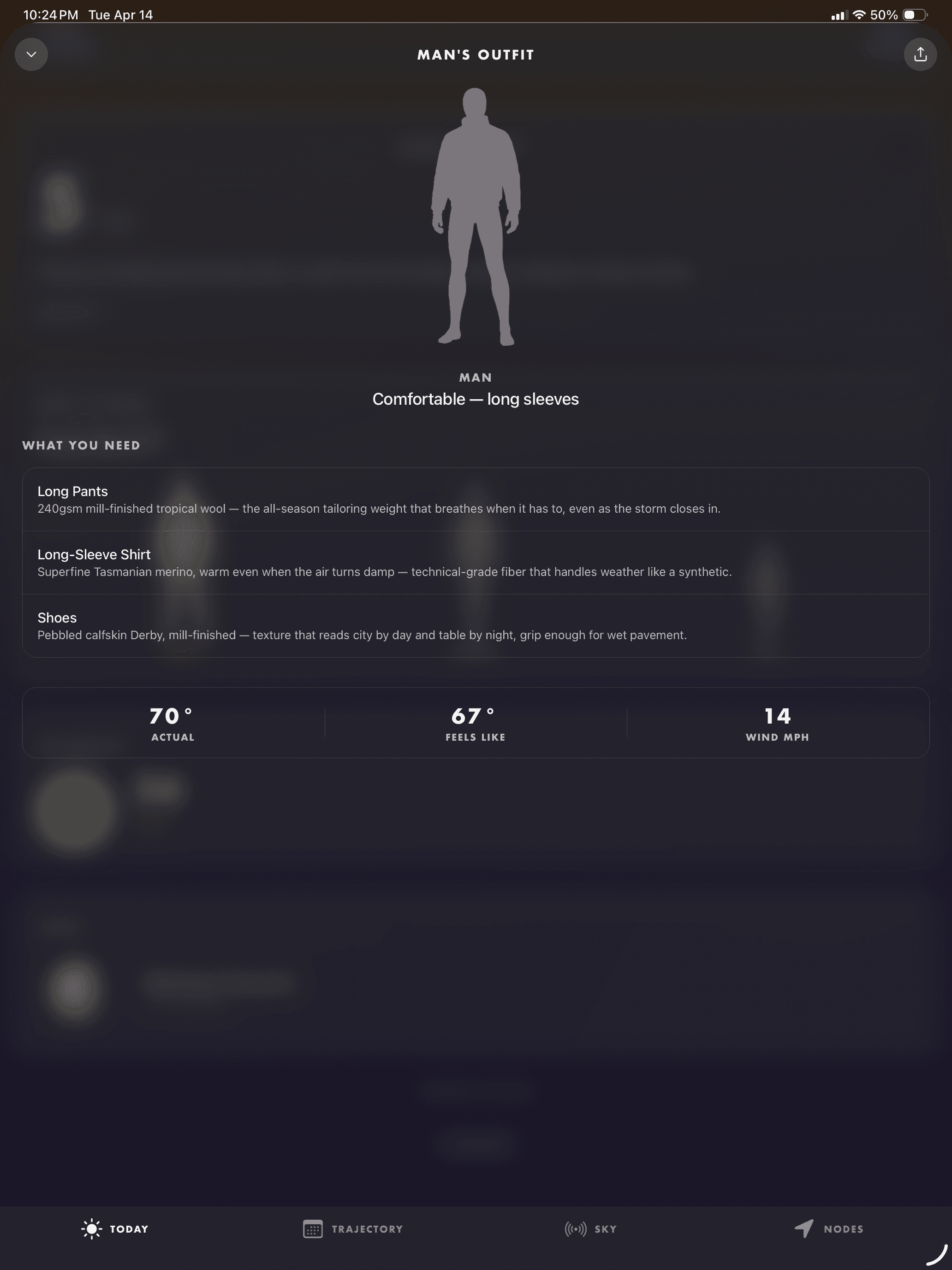 Outfit detail sheet with mannequin and fiber annotations on iPad