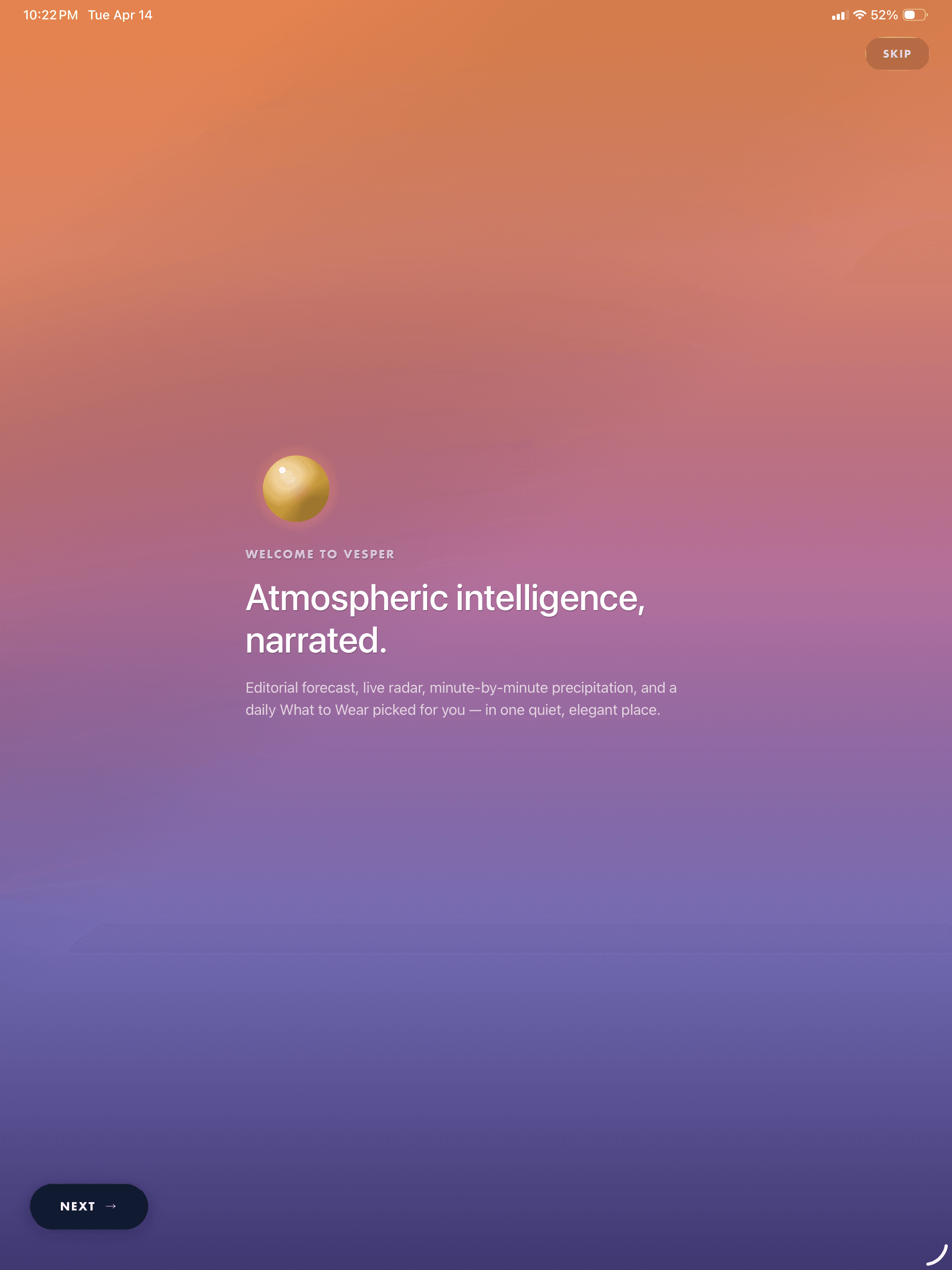 Vesper Sky onboarding welcome on iPad