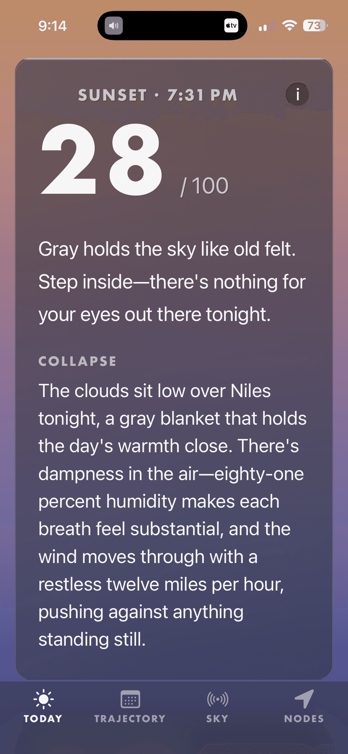 Sky tab with Sunset Verify collapse score on iPhone