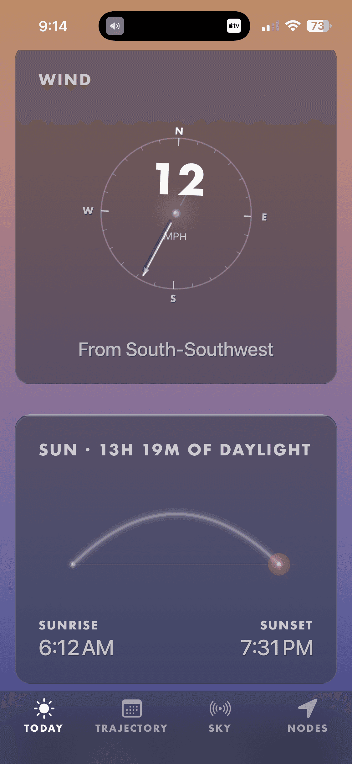 Sky tab showing wind and sun atmospheric card on iPhone