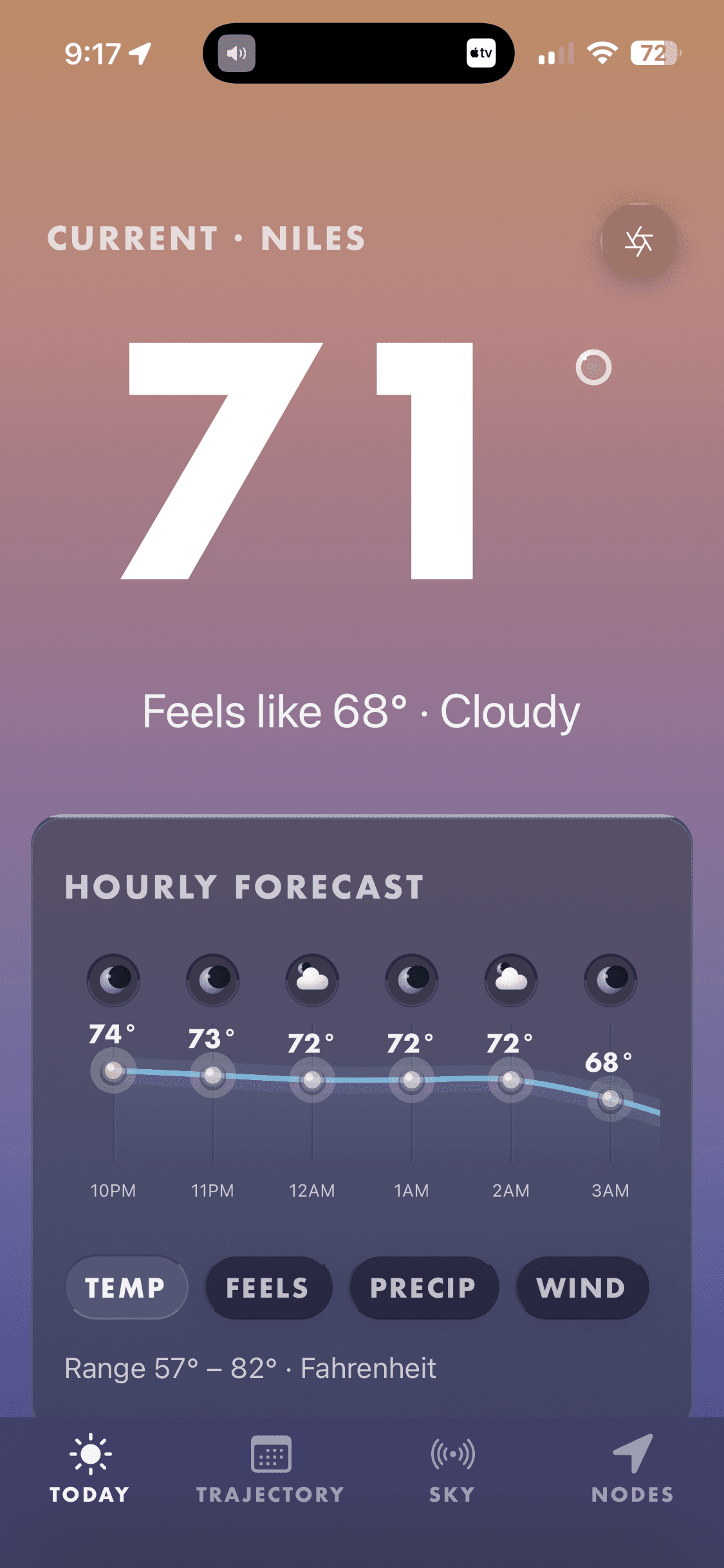 Today tab on a cloudy day, iPhone