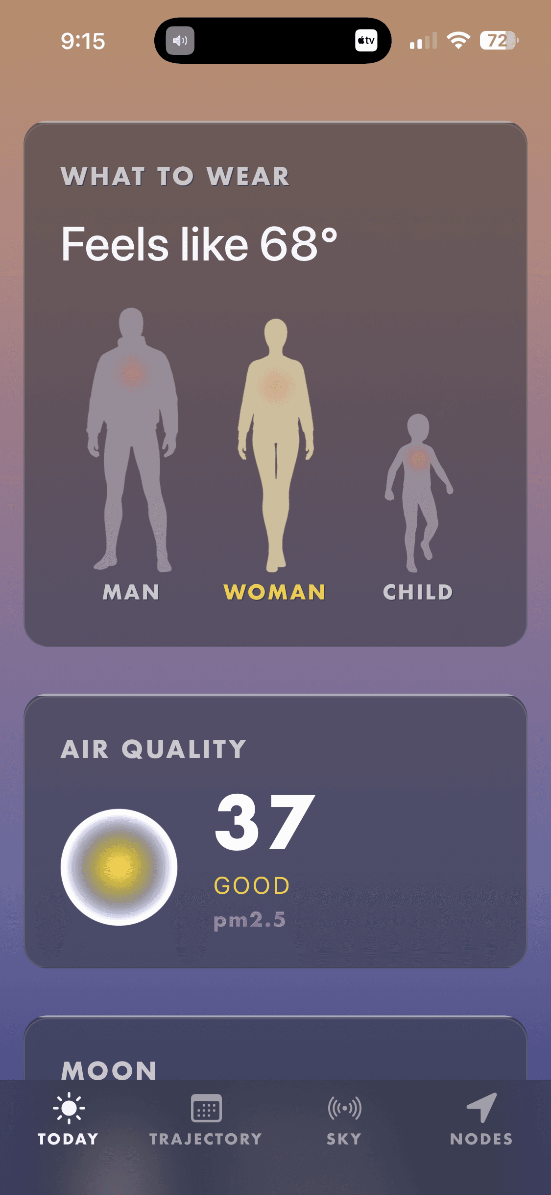 Vesper Sky Today tab with editorial brief and wardrobe card on iPhone